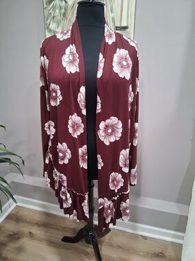 Open-Front Floral Cardigan Jacket - Burgundy Floral